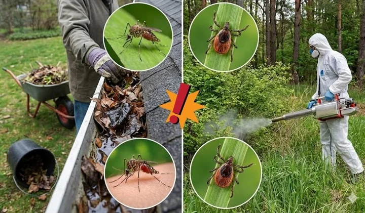 Czyszczenie rynny z liści i zbliżenia komarów; osoba w kombinezonie opryskuje trawę i zbliżenia kleszczy