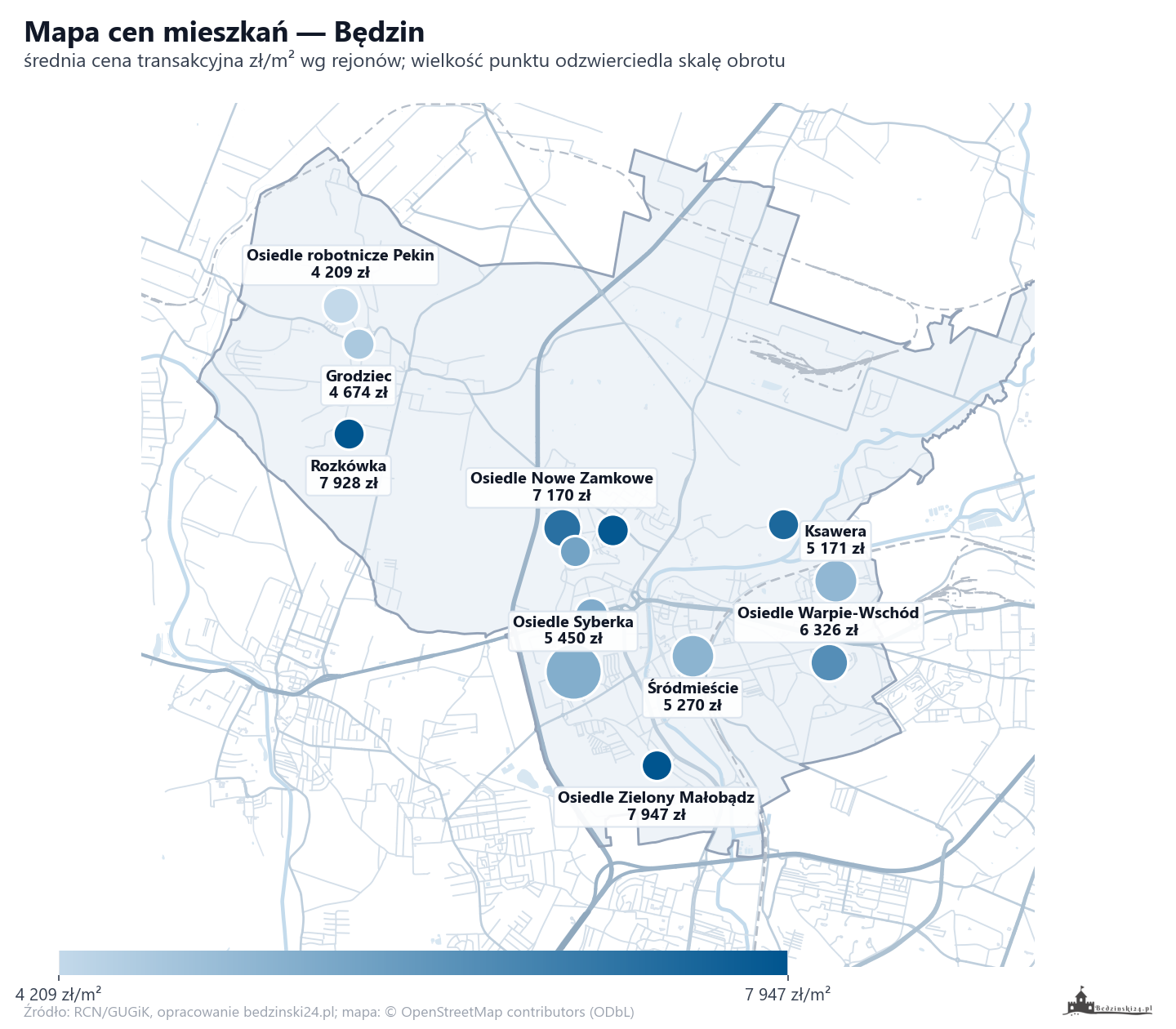 Mapa cen mieszkań - Będzin
