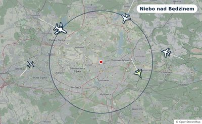 Mapa okolic miasta z sylwetkami samolotów — Niebo nad Będzinem na żywo