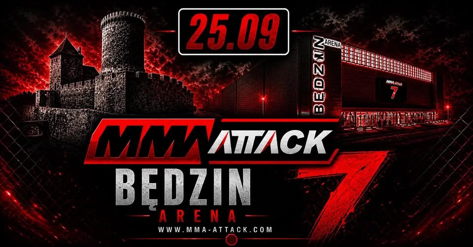 Grafika promocyjna wydarzenia MMA ATTACK 7 w Będzinie. Gala MMA wraca do Będzin Arena