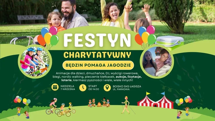 Obrazek przedstawia grafikę promocyjną wydarzenia Festyn charytatywny na boisku SKS Łagisza w Będzinie