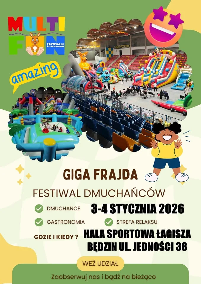 Grafika promocyjna wydarzenia Giga Frajda w Będzinie — dmuchane atrakcje dla dzieci