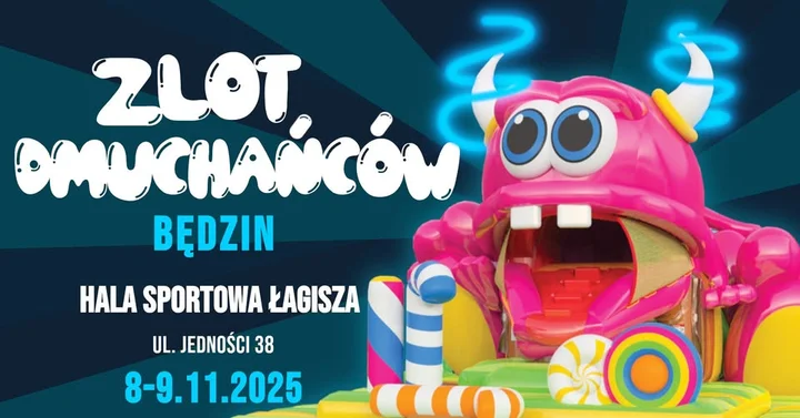 Obrazek przedstawia grafikę promocyjną wydarzenia Halowy festyn dmuchanych atrakcji dla dzieci w Będzinie
