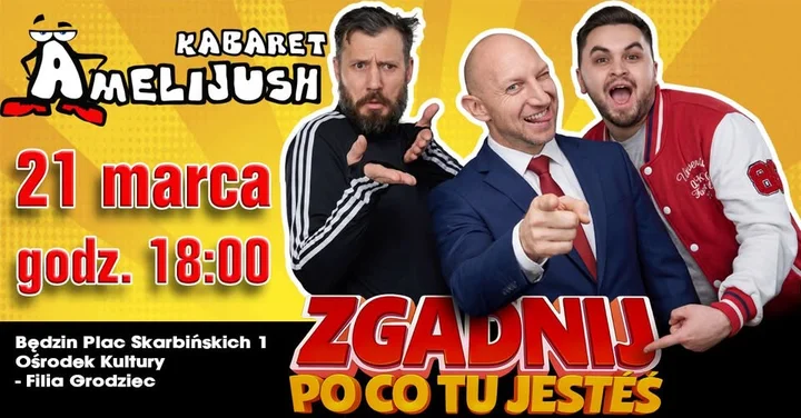 Grafika promocyjna wydarzenia Kabaret Amelijush — premiera programu „Zgadnij po co tu jesteś?”