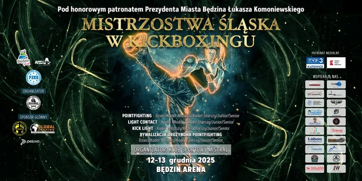 Grafika promocyjna wydarzenia Mistrzostwa Śląska w Kickboxingu — Będzin 2025