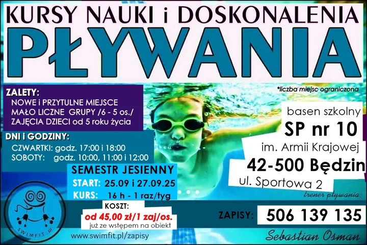 Obrazek przedstawia grafikę promocyjną wydarzenia Jesienny kurs nauki i doskonalenia pływania dla dzieci w SP 10 w Będzinie