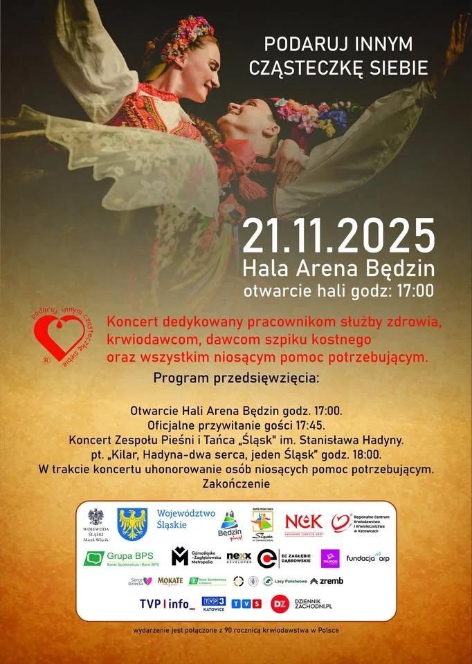 Grafika promocyjna wydarzenia Podaruj innym cząsteczkę siebie — koncert i krwiobus w Arenie Będzin