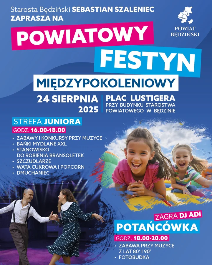 Obrazek przedstawia grafikę promocyjną wydarzenia Letni festyn międzypokoleniowy na placu Lustigera w Będzinie