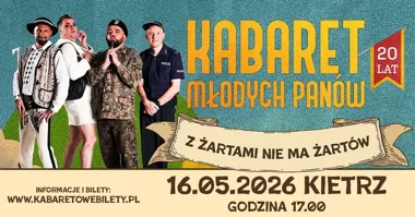 Obrazek przedstawia grafikę promocyjną wydarzenia Kabaret Młodych Panów świętuje 20 lat na scenie w Kietrzu