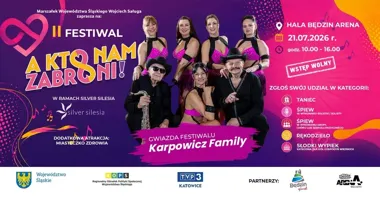 Grafika promocyjna wydarzenia Festiwal „A kto nam zabroni!” w Będzinie – seniorskie talenty znów na scenie