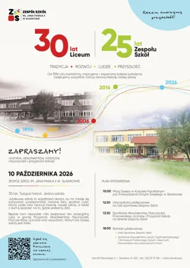 Grafika promocyjna wydarzenia Jubileusz Zespołu Szkół im. Jana Pawła II w Sławkowie