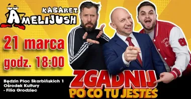 Grafika promocyjna wydarzenia Kabaret Amelijush — premiera programu „Zgadnij po co tu jesteś?”