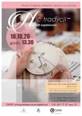 Grafika promocyjna wydarzenia „Nić tradycji” – warsztaty haftu zagłębiowskiego