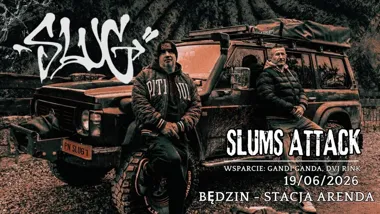 Grafika promocyjna wydarzenia SLUMS ATTACK, Peja i DJ Decks w Będzinie – koncert w Stacji Arenda
