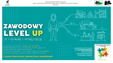 Grafika promocyjna wydarzenia Zawodowy Level Up – warsztaty w ramach Ogólnopolskiego Tygodnia Kariery
