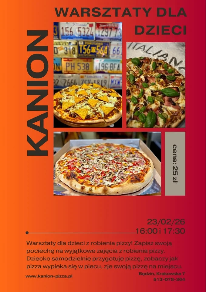 Grafika promocyjna wydarzenia Warsztaty robienia pizzy dla dzieci w Kanion Pizza w Będzinie