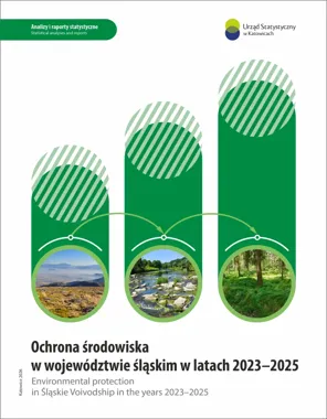 Okładka publikacji statystycznej Urzędu Statystycznego w Katowicach zatytułowanej „Ochrona środowiska w województwie śląskim w latach 2023–2025”, z trzema okrąg